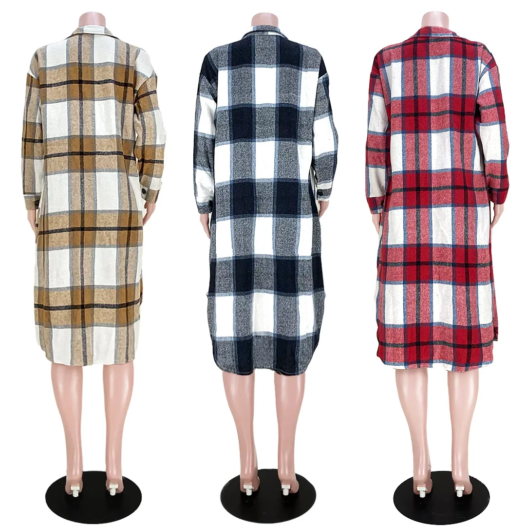 JL075 Trending 2021 Fall Winter Woman Clothing Woman Plaid Printed Long  Shirt Coats