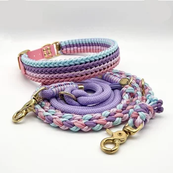 Custom Color Logo Pet accessories Manufacture Personalized Adjustable Macrame Hand Woven Paracord Pet Dog Collar and Leash Set