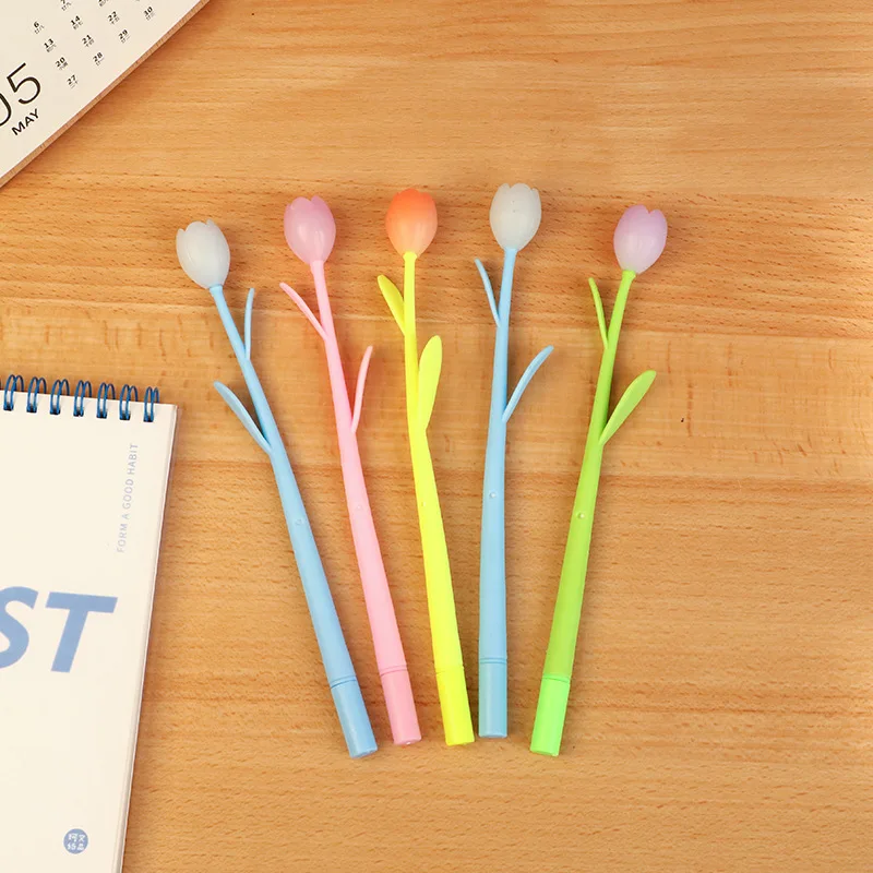 Creative Fresh Tulip Flower Gift Student Stationery Signature 0.5mm Changes Color Exposed Light Plastic Black Gel Pen_voghion.com