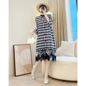 Miyake Pleated Autumn Elegant Loose Plus Size Mid-length Printed Casual Women's Dress