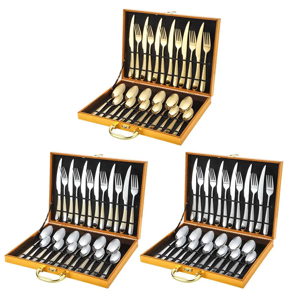 Wholesale Stainless Steel Cutlery Set Star Drill Knife Fork Spoon Gold Plated Cutlery 24 Pieces