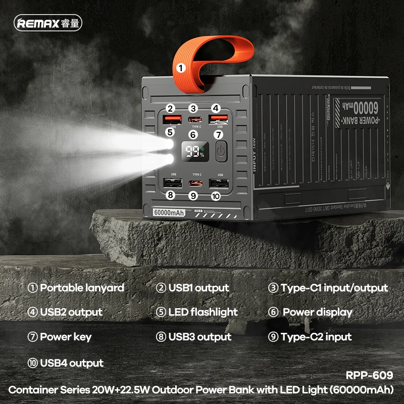 Remax Container Series 20W+22.5W Rpp-609 60000Mah Outdoor High Capacity  Power Bank With Led Light Fast Charging Powerbank