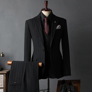 Men's One-button Suit Jacket Wedding Groom Three-piece Suit Lapel Slim England Style Formal Striped Casual Business Men's Suits