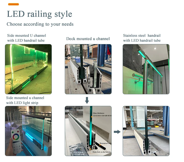 Led Glass Railing Commercial Outdoor Veranda Frameless Glass Railing Black U Channel Mall ...