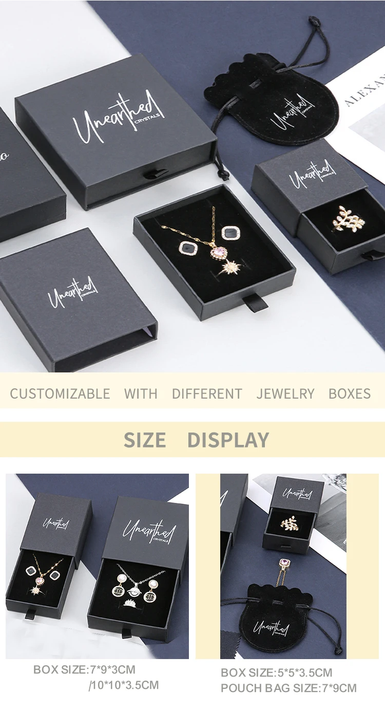 A1 Black Rectangle Customizable Recyclable Cardboard Embossed Popular Jewelry Storage Box Sliding Drawer Rings Pendants Earrings details