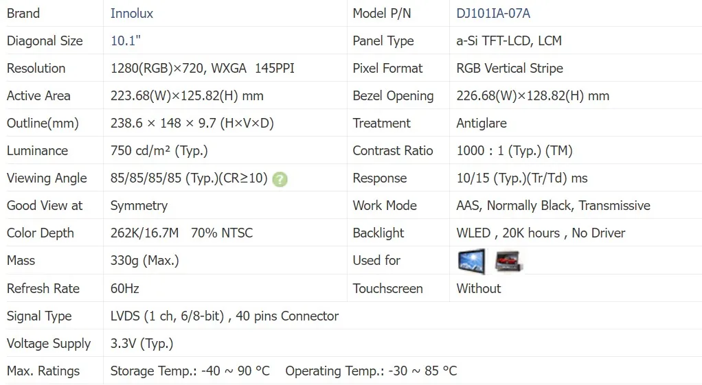 DJ101IA-07A   High Brightness lcd monitor 10.1 Inch 1280x720   TFT LCD Panel IPS LCD Display For Outdoor 750cd/m2 manufacture