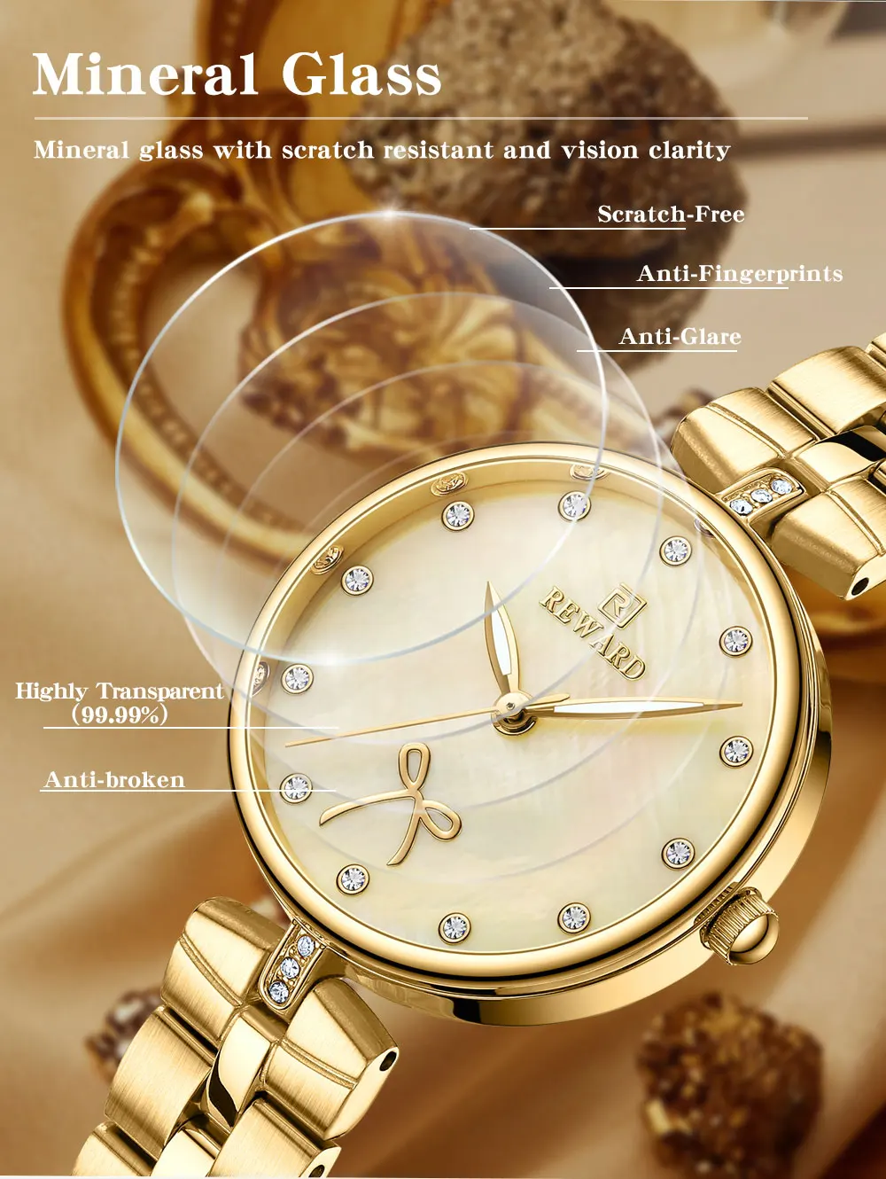 REWARD New Simple Thin Quartz Watches for Women Shell Dial with Rhinestones Clock Female Stainless Steel Band Wristwatch