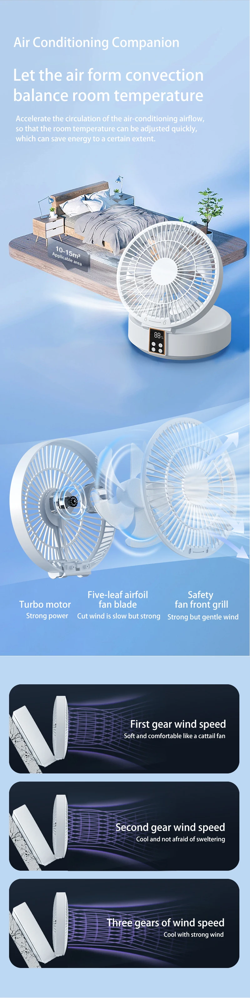 Foldable Electric Air Cooling Table Fan Rotatable Wallmountable