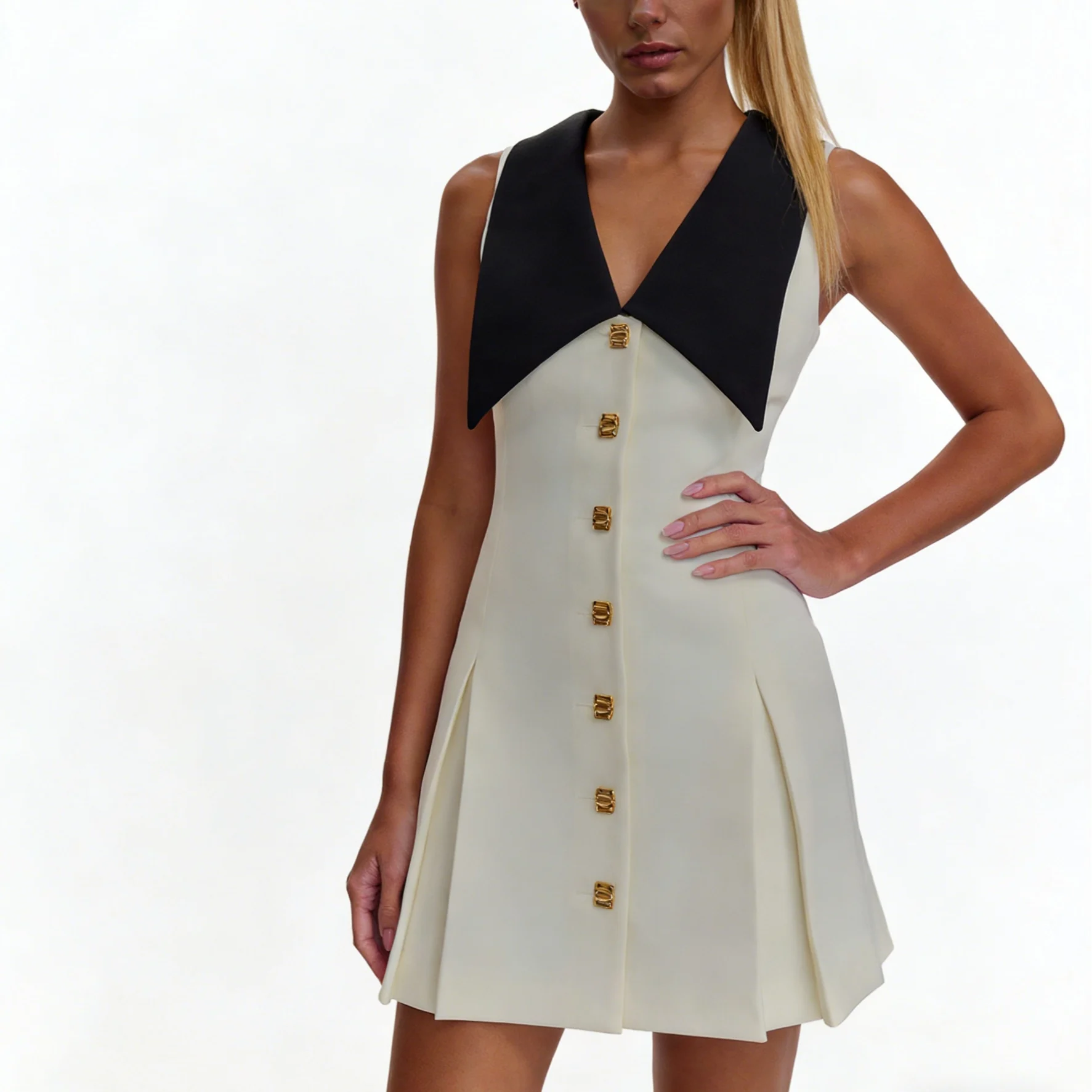 black and white dress with gold buttons Wholesale Women's White & Black ailor Collar Mini Dress