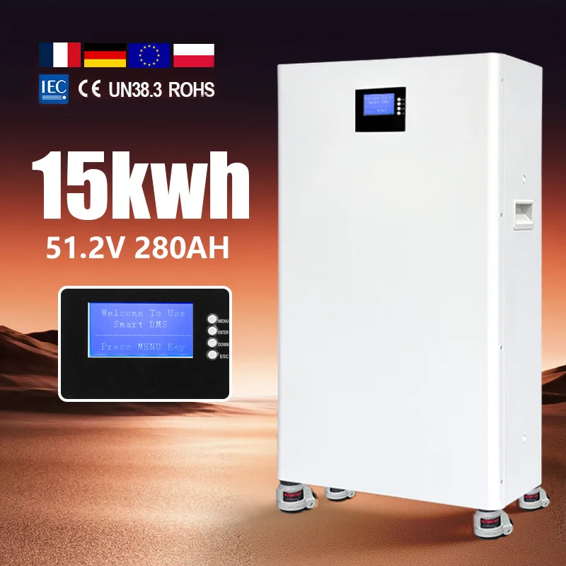 10000 ցիկլեր 51,2Վ 100Ամ 5ԿՎտ 15ԿՎտ 280Ամ Lifepo4 մարտկոց Լիթիում-իոնային մարտկոց Արեգակնային էներգիայի պահման համակարգ Պատին ամրացված ESS