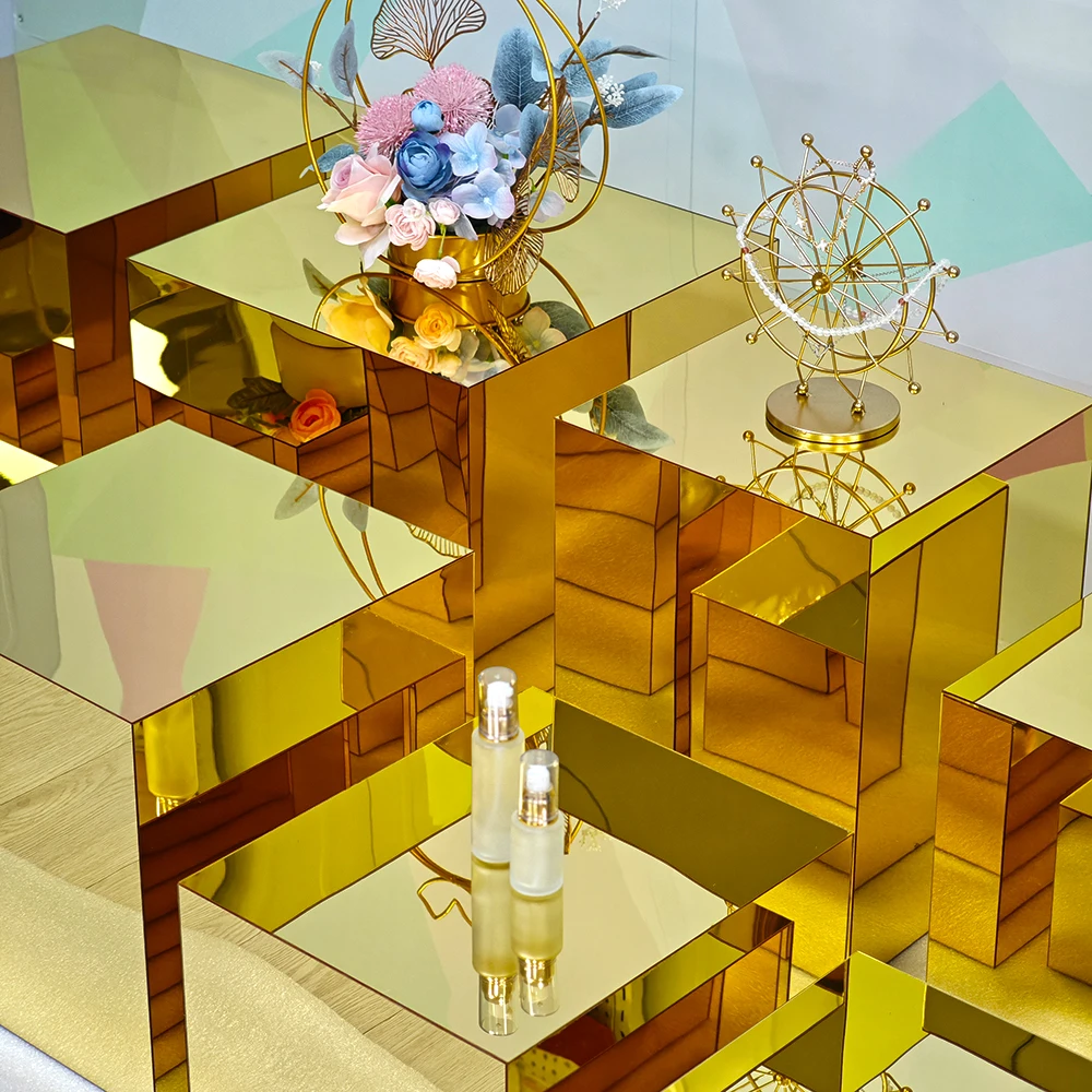 9pcs Set Gold Color Acrylic Risers for Food Display 9pcs Mirror Gold Acrylic Buffet Risers Set