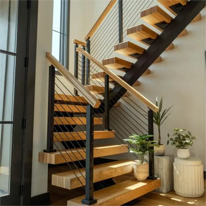 2024 American modern luxury indoor stairs Steel Structure straight stairs wood tread staircase