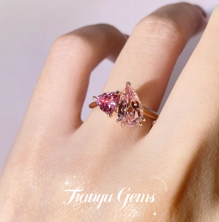 Tianyu Gems Two Stone Toi Et Moi Design Customized Luxury Lab Grown Pure Gold Color Pink Sapphire Ring 18K for Women