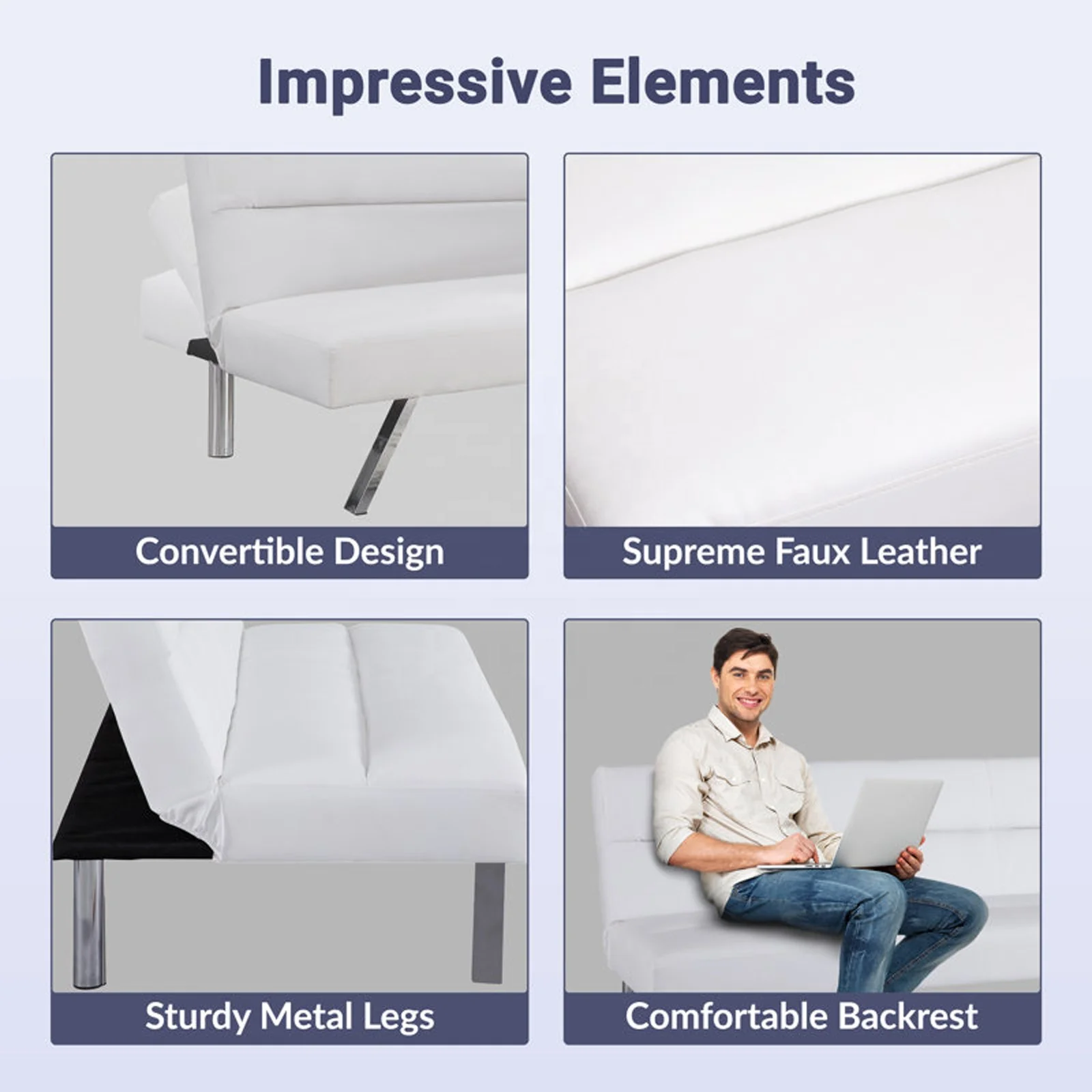 Modern Multi-functional White Living Room Faux Leather Folding Couch Turns to Bed Futon Sofa Cam Bed for 2 Person