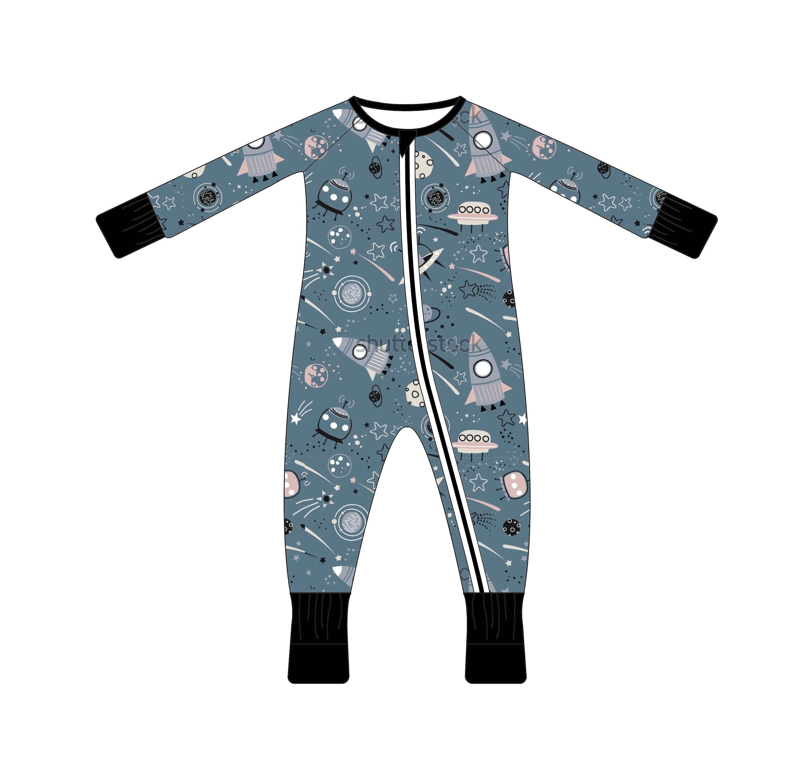 LOW MOQ Custom Bamboo Viscose Summer Rocket Pattern Zipper Pajamas