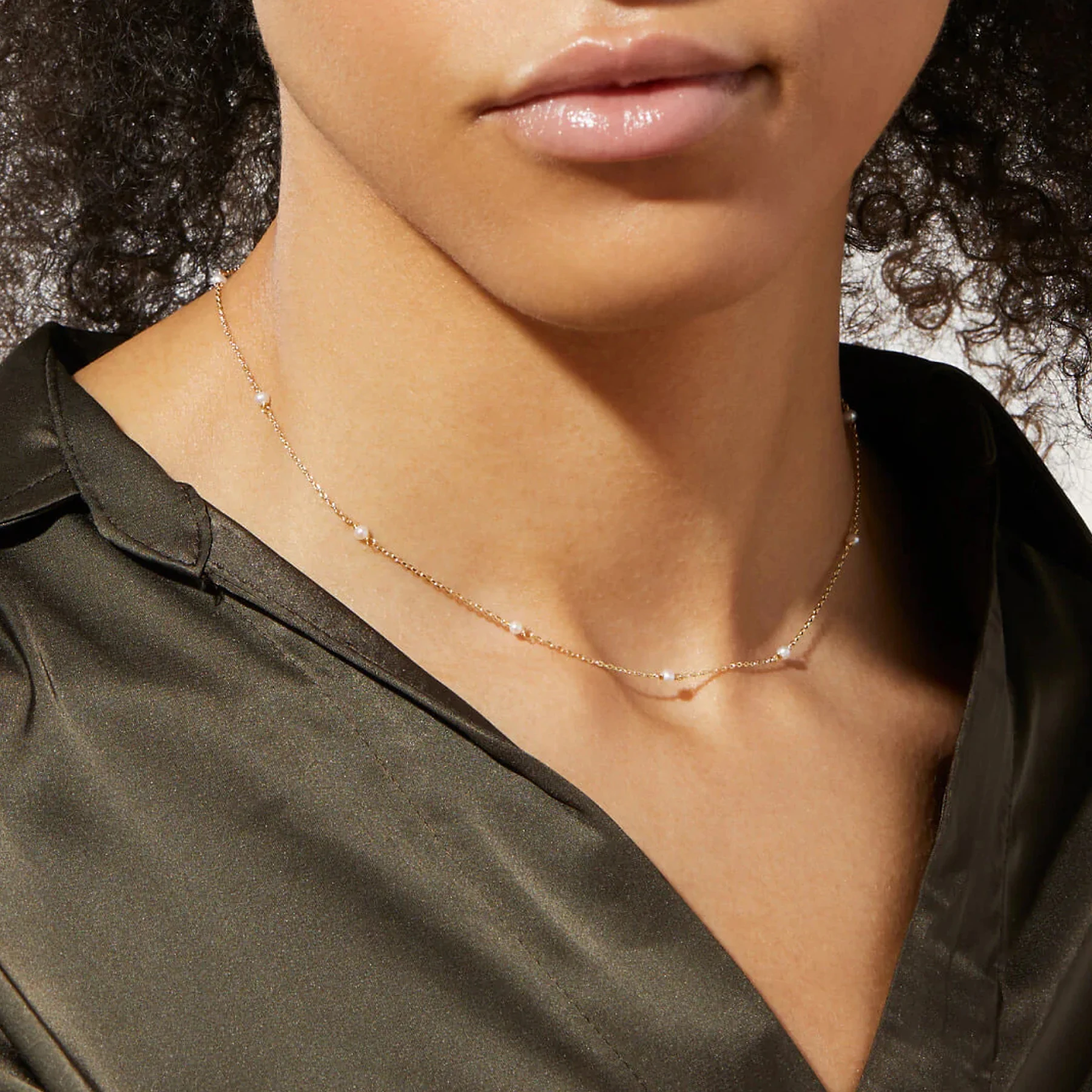 Dainty Silver Necklace 925 Tiny Freshwater Pearl Station Necklace Gold