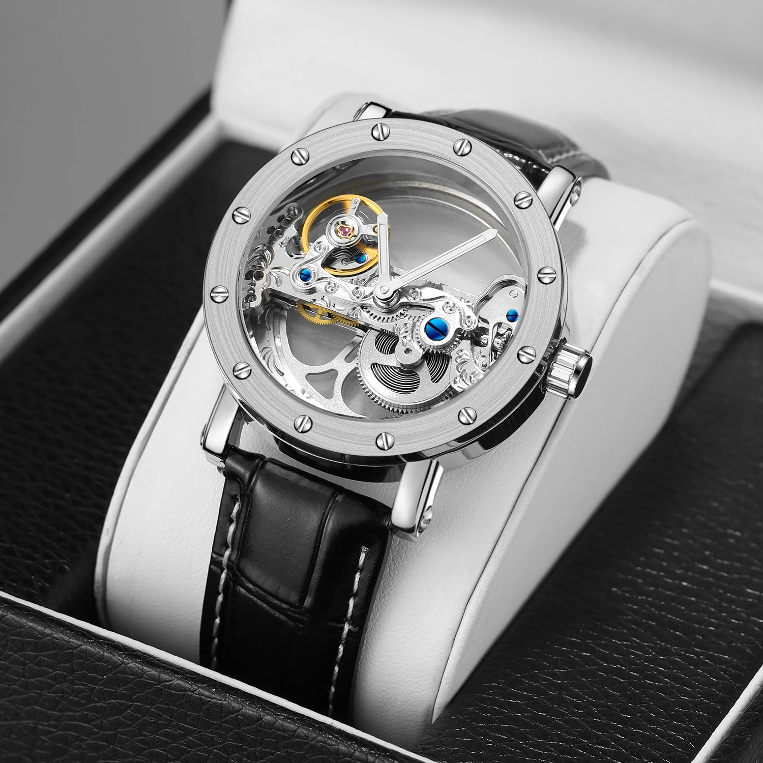 FORSINING Bridge Skeleton Mens Watches Automatic Self Wind Mechanical Leather Band Wrist Watch