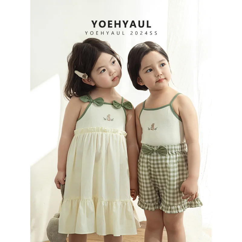 YOEHYAUL ZX0027 Girl Tank Top and Shorts Cute Kids Outfits Cotton Floral  Summer Girl Set Suit Toddler Dress Set with Bows