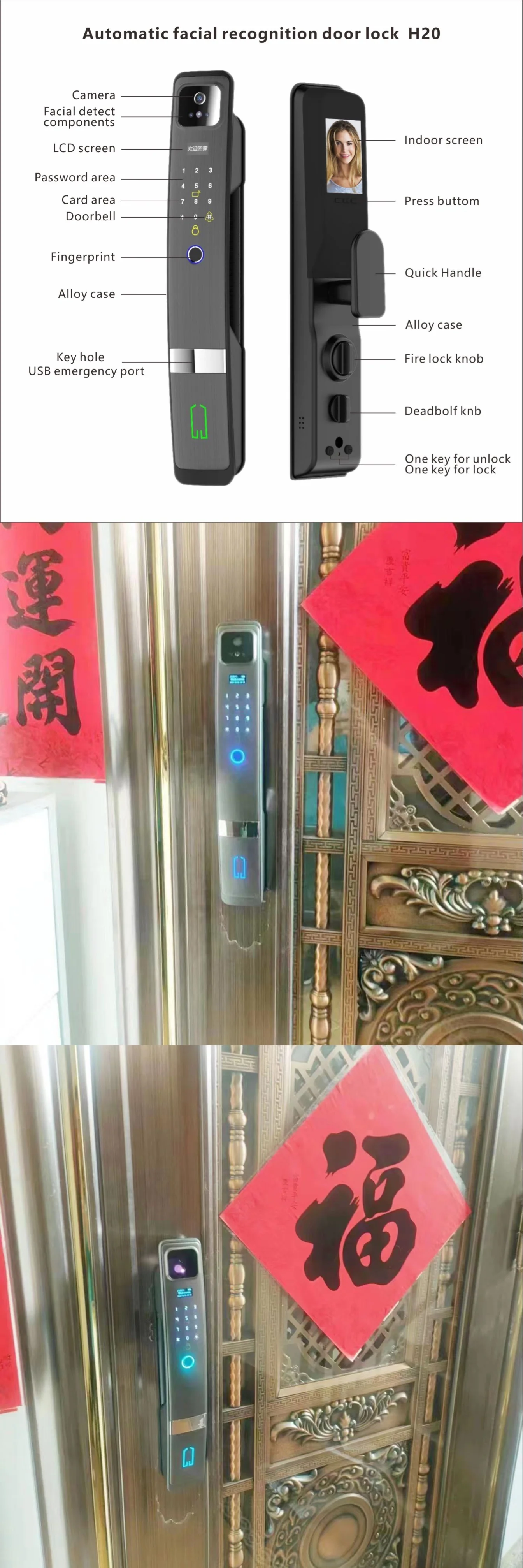 Hr20 3D Facial Recognition  Automatic Tuya App Smart Door Lock with Camera with Anti Pry Functions