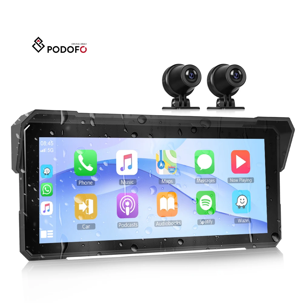 Podofo 8.1 Inch Motorcycle WFI Portable Wireless Carplay Rear + Front Camera Pressure Detection IP68 Waterproof Auto Electronics A4132