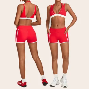 Sports Bra and Shorts Female Crop Top Nude Color Contrast Sexy Deep v Shorts Set for Women Plus Size Tight Fitness Wear