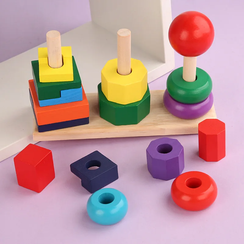 HOYE CRAFT Wooden Rainbow Tower Shape Sorter Stacker Toys Stacking Game