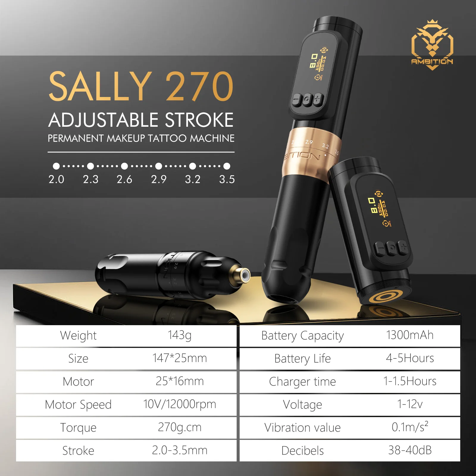 Ambition Sally 270 - Adjustable Stroke Eyebrow Tattoo Machine