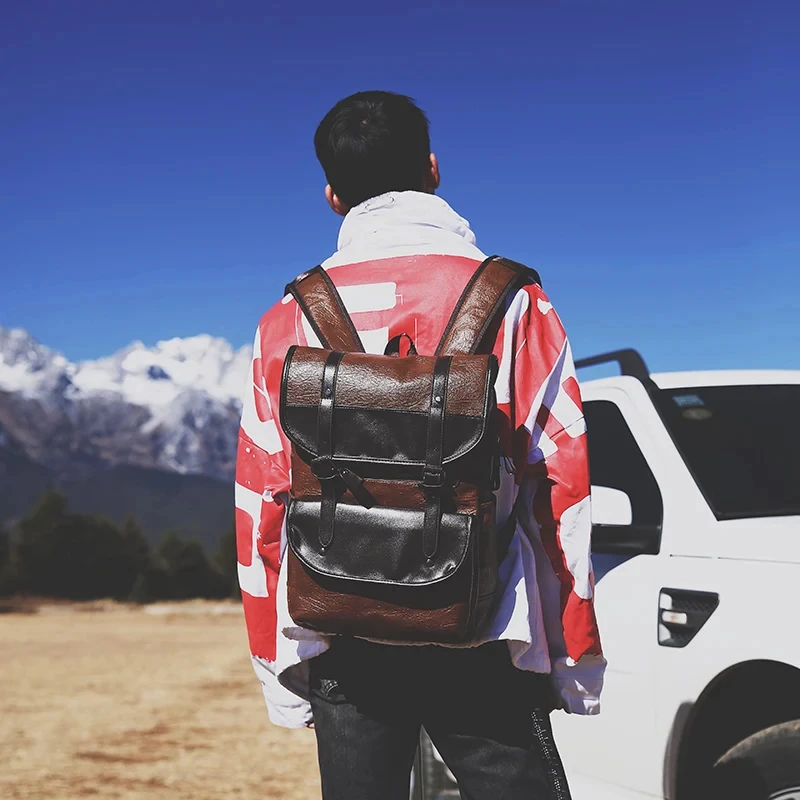 16.5-Inch Fashion PU Leather Laptop Backpack Men Retro Schoolbag Large Capacity Books Waterproof Mochilas Patchwork Teenagers