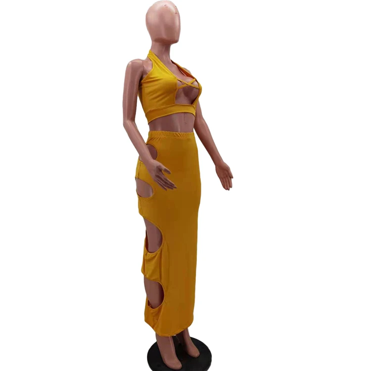 MOEN Sexy Sleeveless habits femme Fashion Crop Top Holes Summer Dress Bodysuit Two Piece Set Dress Set