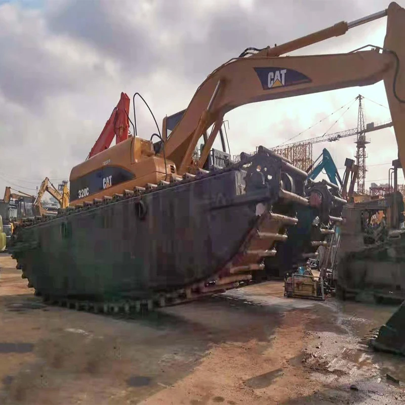 Used Amphibious Excavator Dredger CAT 320, CAT 320C 320CL 320D 320D2 Excavator, River Sand Dredging Machine Pontoon Boat Sides