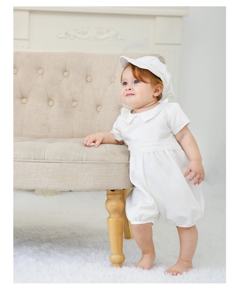 Wholesale Short Sleeve With Hat White Cotton Baptism Boy Clothes