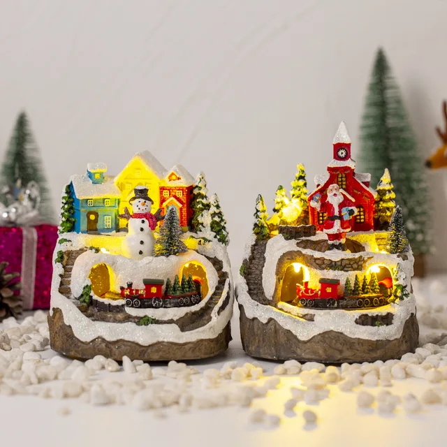Animated Christmas Village Christmas Decorations Resin Luminous Miniature Snow House