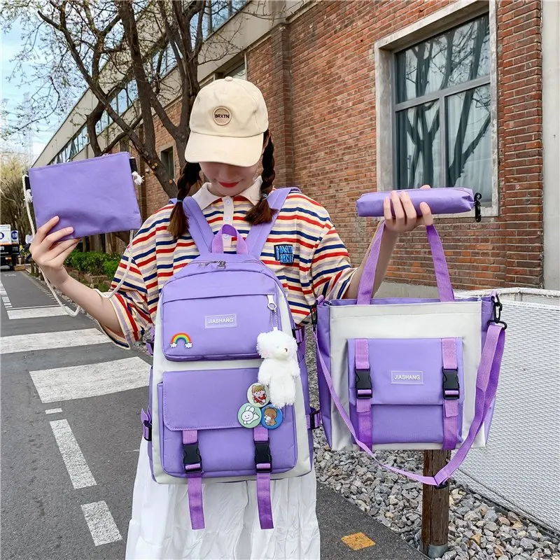 2021 New 4 Pcs in 1 College High School Girl Schoolbag Backpack Set Custom logo Brand 17 Inch Laptop Backpack Bookbag Set