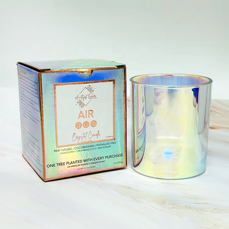 Luxury Iridescent Candle Jar Unique Holographic Electroplate Glass Candle Jars Holder with Metal Lid