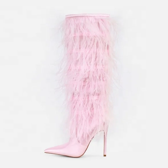 New Fashion Ostrich Feather Fluffy Stiletto Knee High Boots