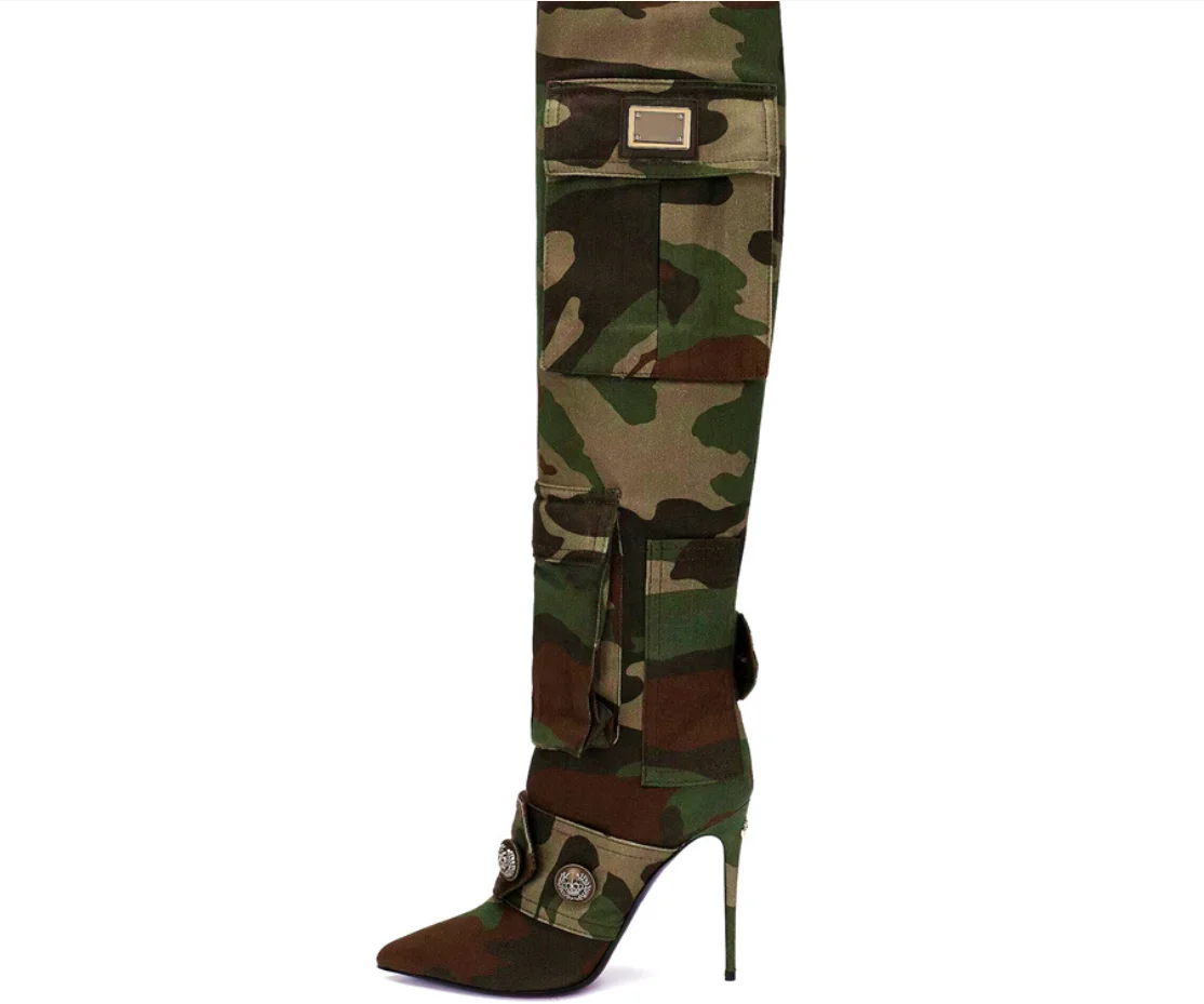 New Styles Camouflage Cloth Boots High Heel Fashion Large Size With Belt Women Over The Knee Boots - Image 4