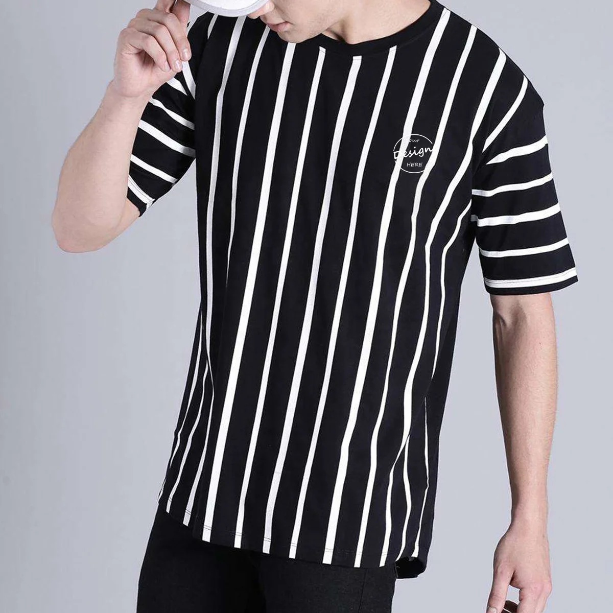250GSM Heavy Cotton Striped Men’s T-Shirt Loose Retro Drop Shoulder Trendy T-Shirt Short Sleeve Men Solid Color Men T Shirts