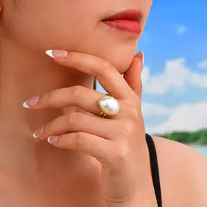 Elegant Temperament Stainless Steel Imitation Oval Pearl Opening Ring Women Temperament Rings Jewelry Women