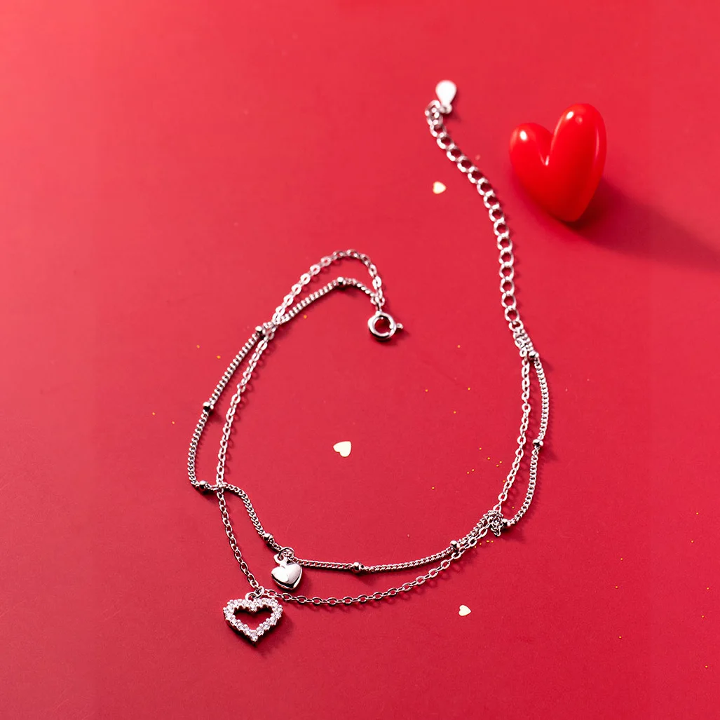 WMS4571 Layered 925 Sterling Silver Double Heart Anklet for Girls Women Birthday Gifts Summer Beach Ankle  Dainty Jewellery