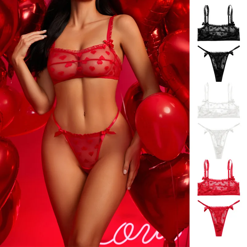 LJ-BPS131 pink sheer lace set front view