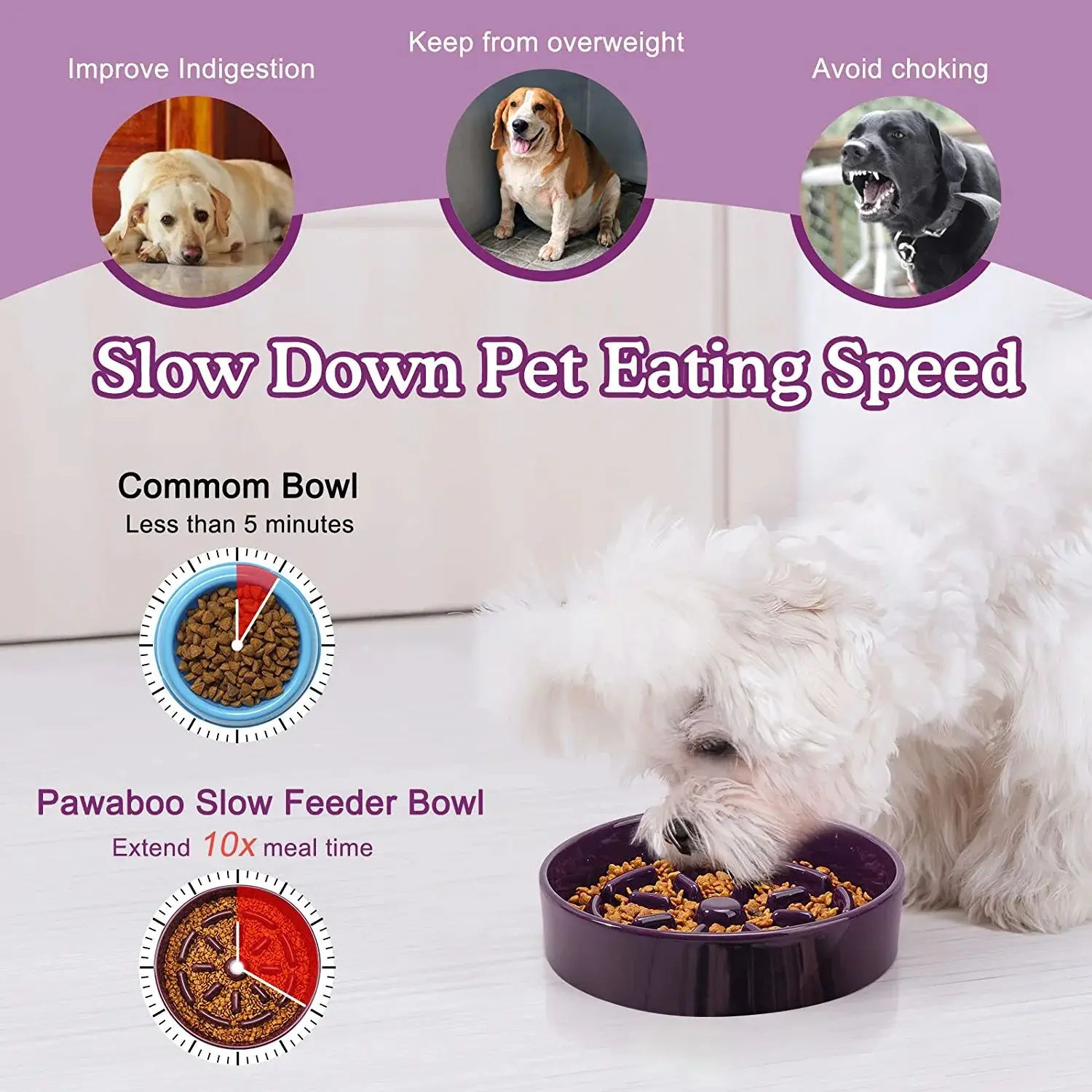 Purple Ceramic Slow Pet Food Water Dog Feeder Bowl Interactive Anti