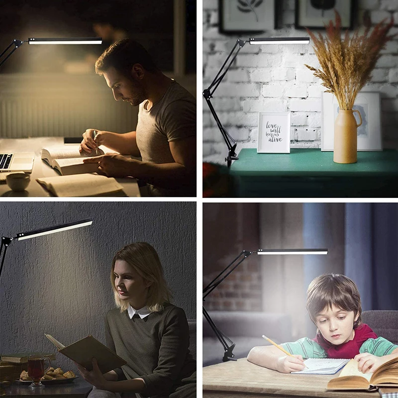 LED Desk Lamp with Clamp USB Clip-on Table Lamp Eye-Care Dimmable Reading Light Swing Arm Lamp Daylight Lamp