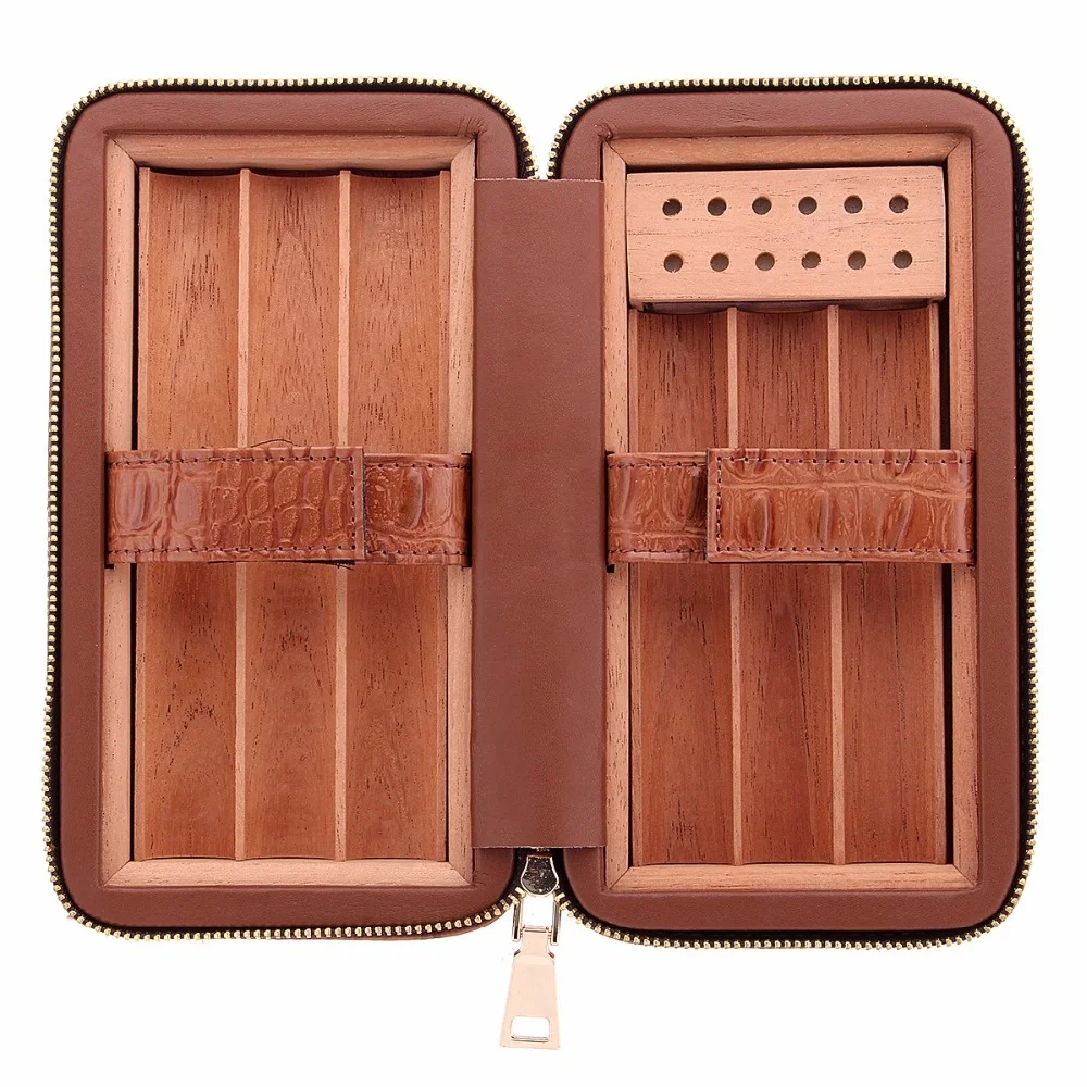 brown leather bonded cigar case with cutter holders 5 cigars for