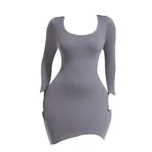 Customize New Hot Selling Eco-Friendly Breathable Casual Square Neck Long Sleeve Bodycon Mini Ribbed Dress for Ladies