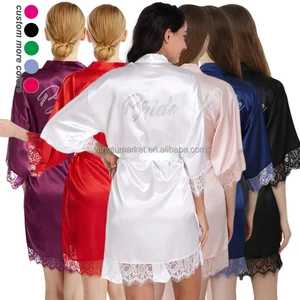 Wholesale Cardigan Bathrobe Solid Pajamas Rhinestone Letter Kimono White Blush Lace Silk Satin Wedding Bride Robes
