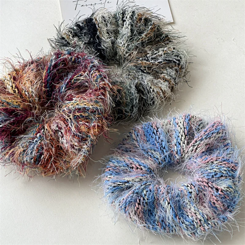 Sweet Autumn Winter Hair Accessories Soft Mixed Color Mohair Yarn Knitting Stripe Plush Scrunchies Elasticity Bands