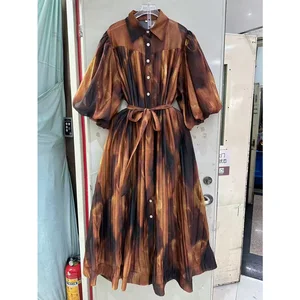Vintage High-end Spring Summer New Fashion Loose Dress Women Design Mesh Puff Sleeve Printed Belt Casual Midi  Party Dress