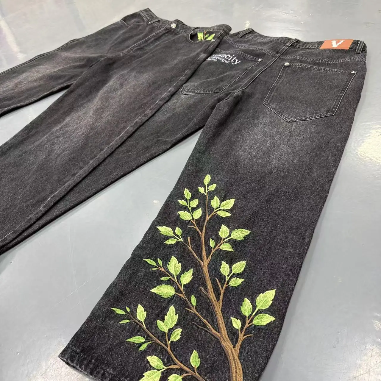Customize Rock Revival High Waist Light Loose Studded Ripped Oversized Wide Leg Wax Vintage Distressed Denim Pants Baggy Men gallery 2