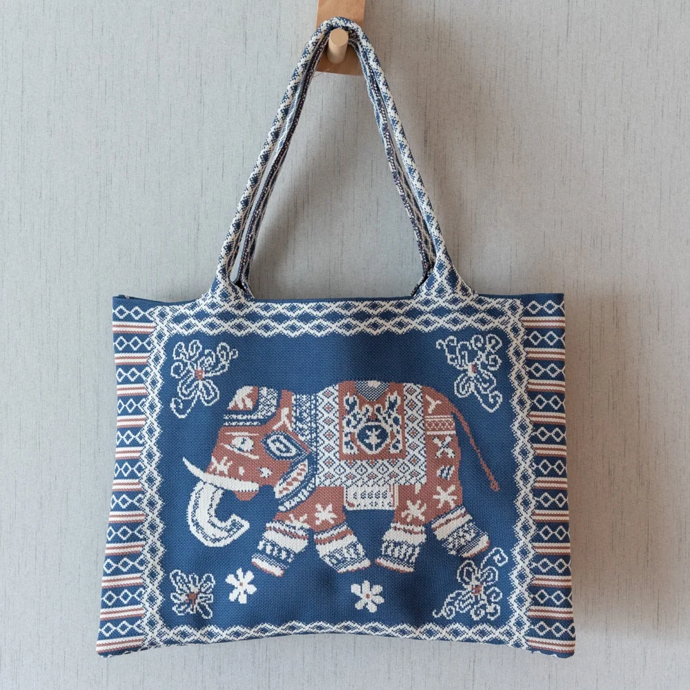 Southeast Asian National Style Elephant Pattern Womens  Knitted Tote Handbag
