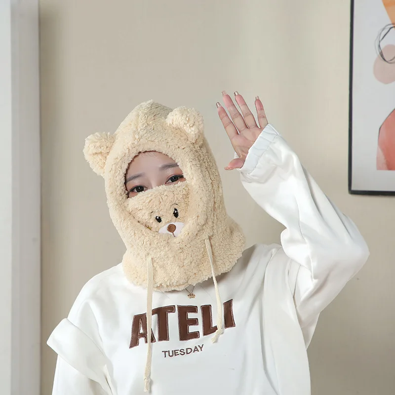 Wholesale Cute Korean fleece bear hat female new winter warm ear mask  three-in-one hat for girls From m.